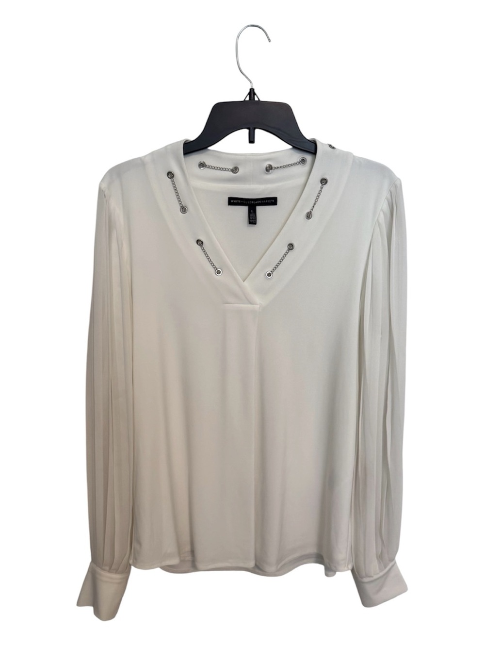White House Black Market White V-Neck Blouse with Silver Eyelet Detail
